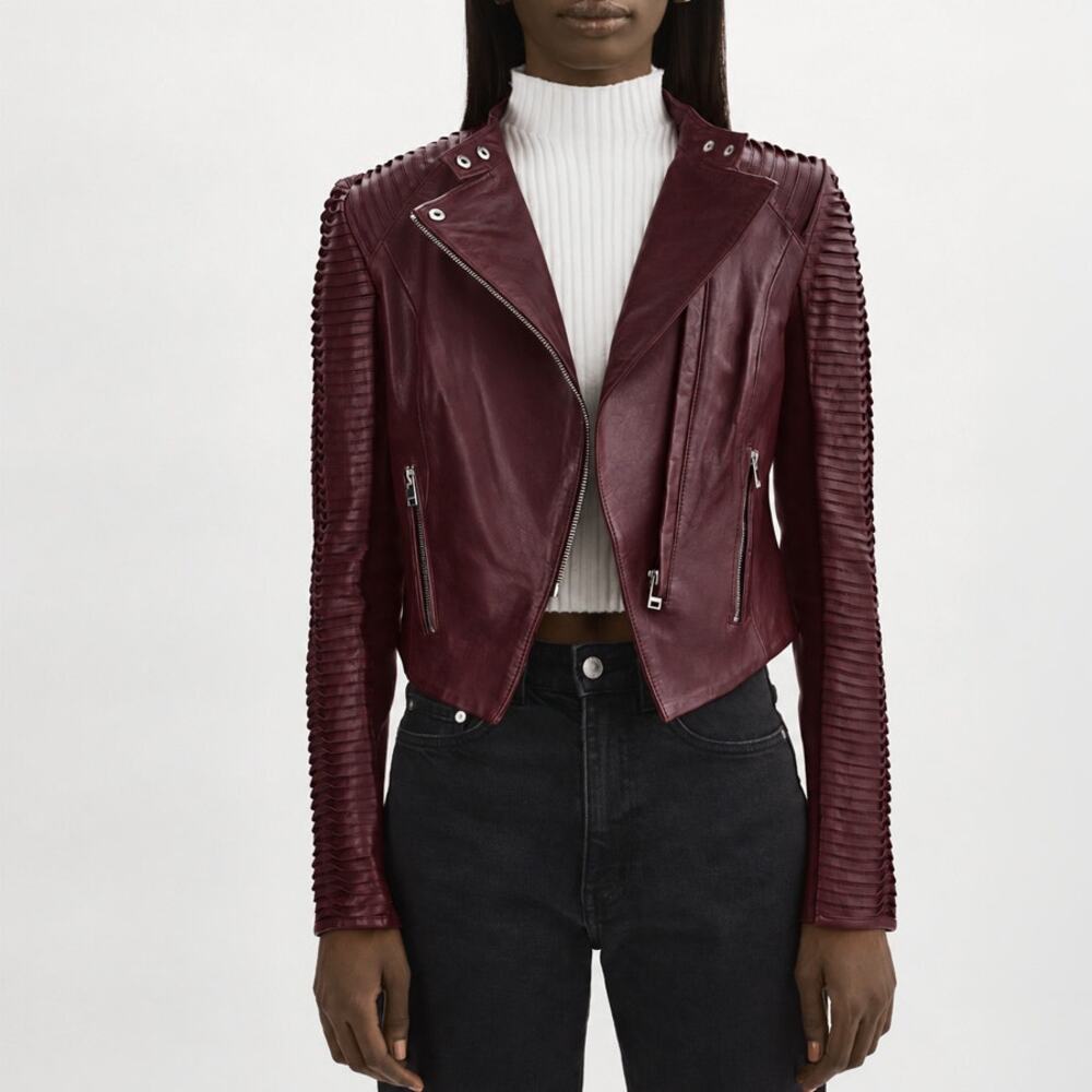 Lamarque Azra Oxblood Leather Moto Jacket Size XS